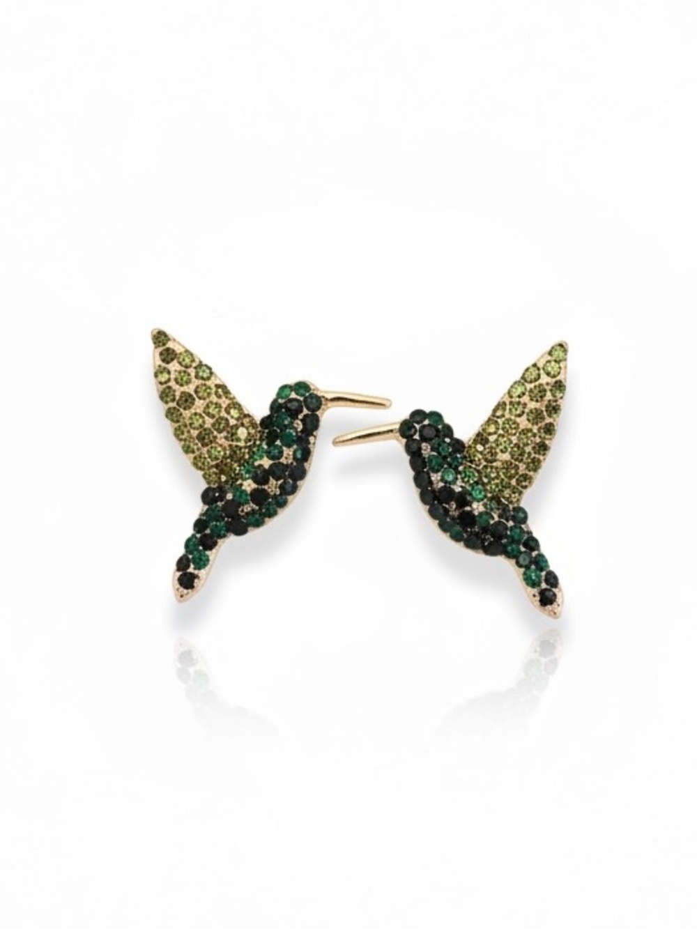 Hummingbird Light Dark Emerald Green Allover Rhinestone Gold Post 1.5" Earrings